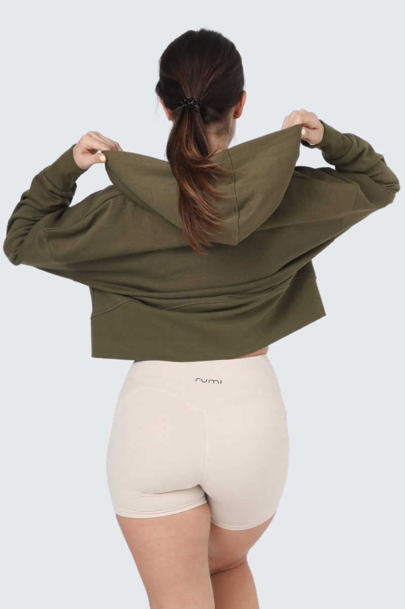 Rumi Earth - W Moon Cropped Sweatshirt Fleece Hoodie + Zip - Olive Deep - R113335DOP - Tops